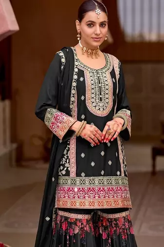 Black chinon silk with codding embroidery work with digital print sharara suit
