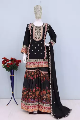 Black chinon silk with codding embroidery work with digital print sharara suit