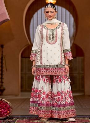 White chinon silk with codding embroidery work with digital print sharara suit 1