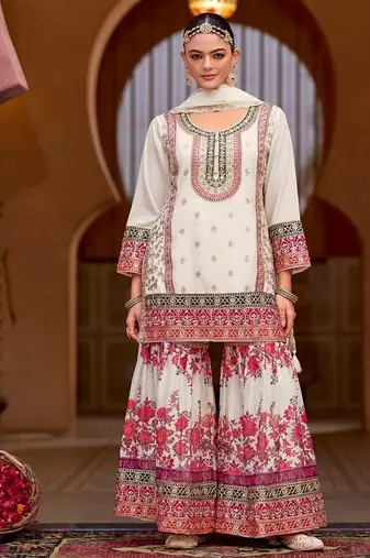 White chinon silk with codding embroidery work with digital print sharara suit