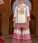 White chinon silk with codding embroidery work with digital print sharara suit