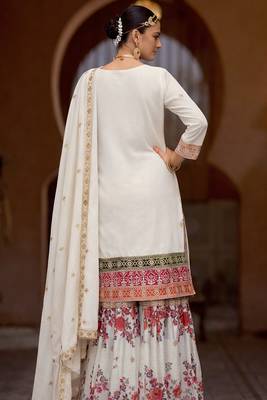 White chinon silk with codding embroidery work with digital print sharara suit 2