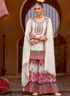 White chinon silk with codding embroidery work with digital print sharara suit 3