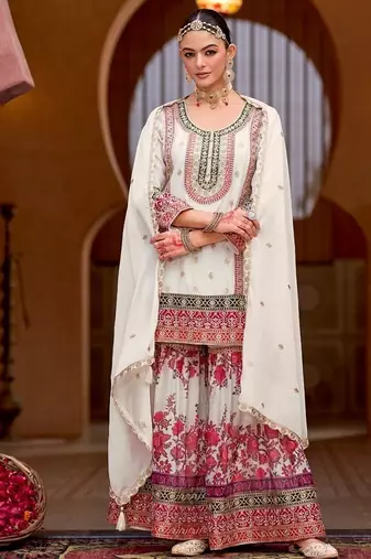 White chinon silk with codding embroidery work with digital print sharara suit