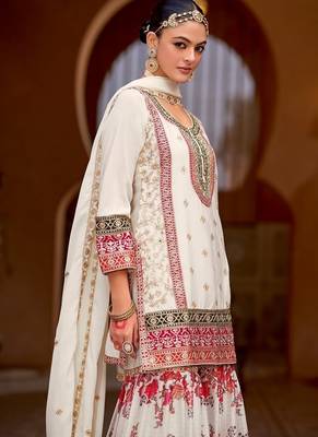 White chinon silk with codding embroidery work with digital print sharara suit 4