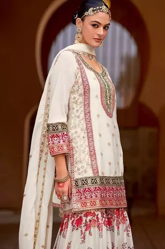 White chinon silk with codding embroidery work with digital print sharara suit