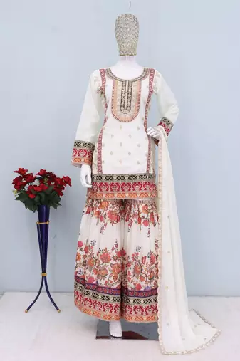 White chinon silk with codding embroidery work with digital print sharara suit