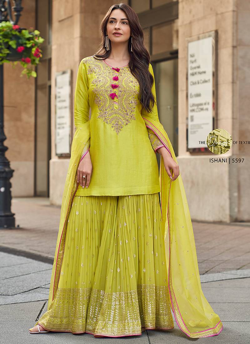 faux georgette with embroidered sequin work palazzo set