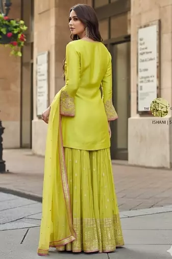 lime green georgette embroidered palazzo set