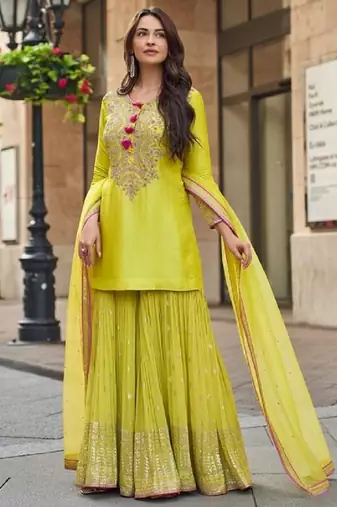 lime green georgette embroidered palazzo set