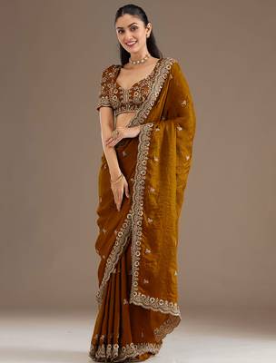 Awesome Golden Embroidered Tissue Silk Party Wear Saree With Blouse 1