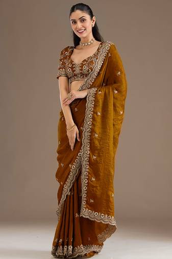 Awesome Golden Embroidered Tissue Silk Party Wear Saree With Blouse