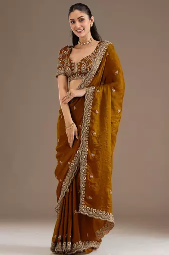 Awesome Golden Embroidered Tissue Silk Party Wear Saree With Blouse