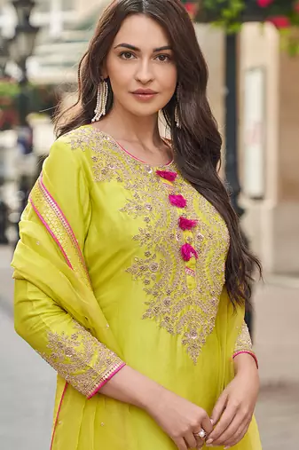 lime green georgette embroidered palazzo set