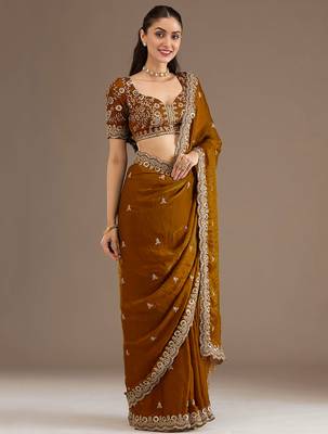 Awesome Golden Embroidered Tissue Silk Party Wear Saree With Blouse 2