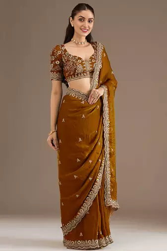 Awesome Golden Embroidered Tissue Silk Party Wear Saree With Blouse