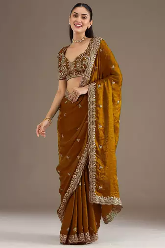 Awesome Golden Embroidered Tissue Silk Party Wear Saree With Blouse