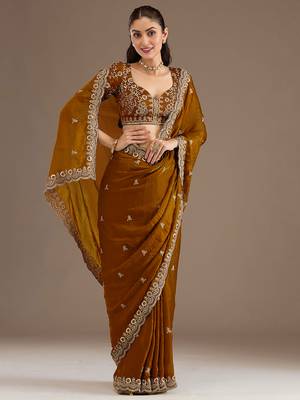 Awesome Golden Embroidered Tissue Silk Party Wear Saree With Blouse 4