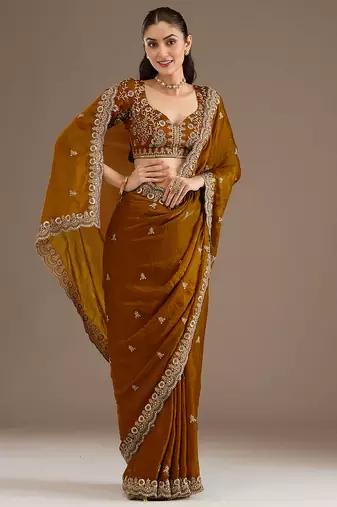 Awesome Golden Embroidered Tissue Silk Party Wear Saree With Blouse