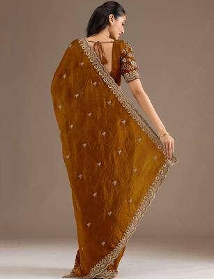 Awesome Golden Embroidered Tissue Silk Party Wear Saree With Blouse 5