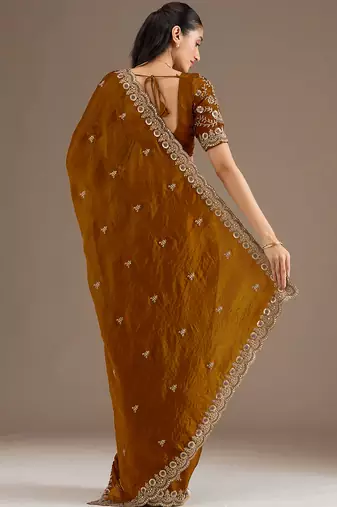 Awesome Golden Embroidered Tissue Silk Party Wear Saree With Blouse