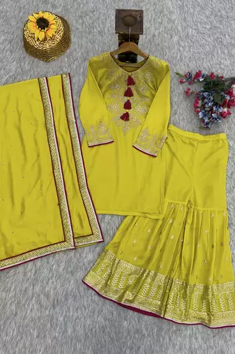lime green georgette embroidered palazzo set