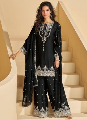black chinnon embroidered palazzo suit set 1