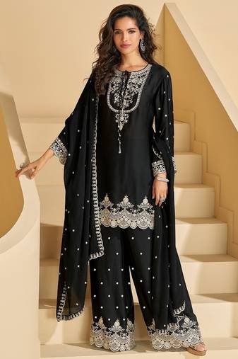 Black chinnon with embroidery sequin thread work palazzo set