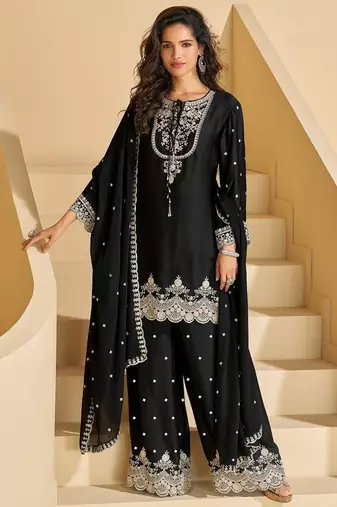 Black chinnon with embroidery sequin thread work palazzo set