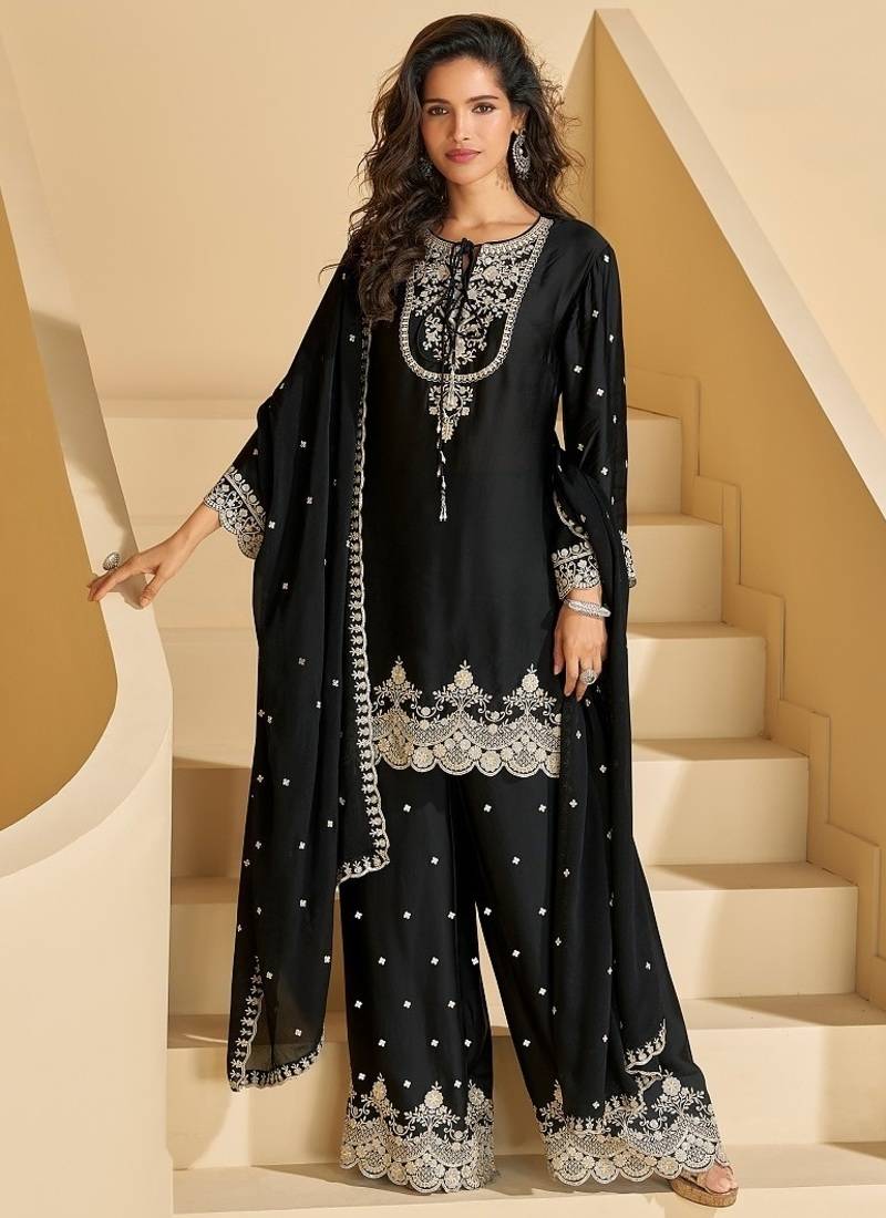Black chinnon with embroidery sequin thread work palazzo set