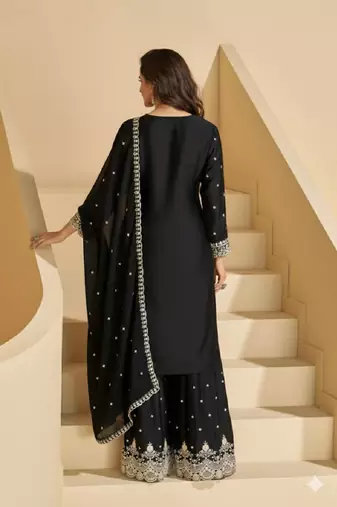 black chinnon embroidered palazzo suit set