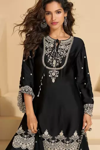 black chinnon embroidered palazzo suit set