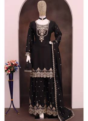black chinnon embroidered palazzo suit set 4