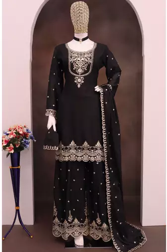 black chinnon embroidered palazzo suit set