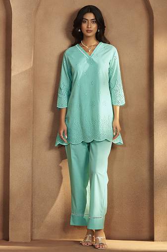 Sky blue schiffli pure cotton co-ord set