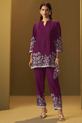 Maroon floral printed rayon co-ord set