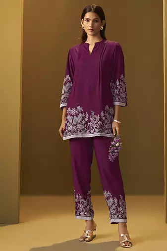 Maroon floral printed rayon co-ord set