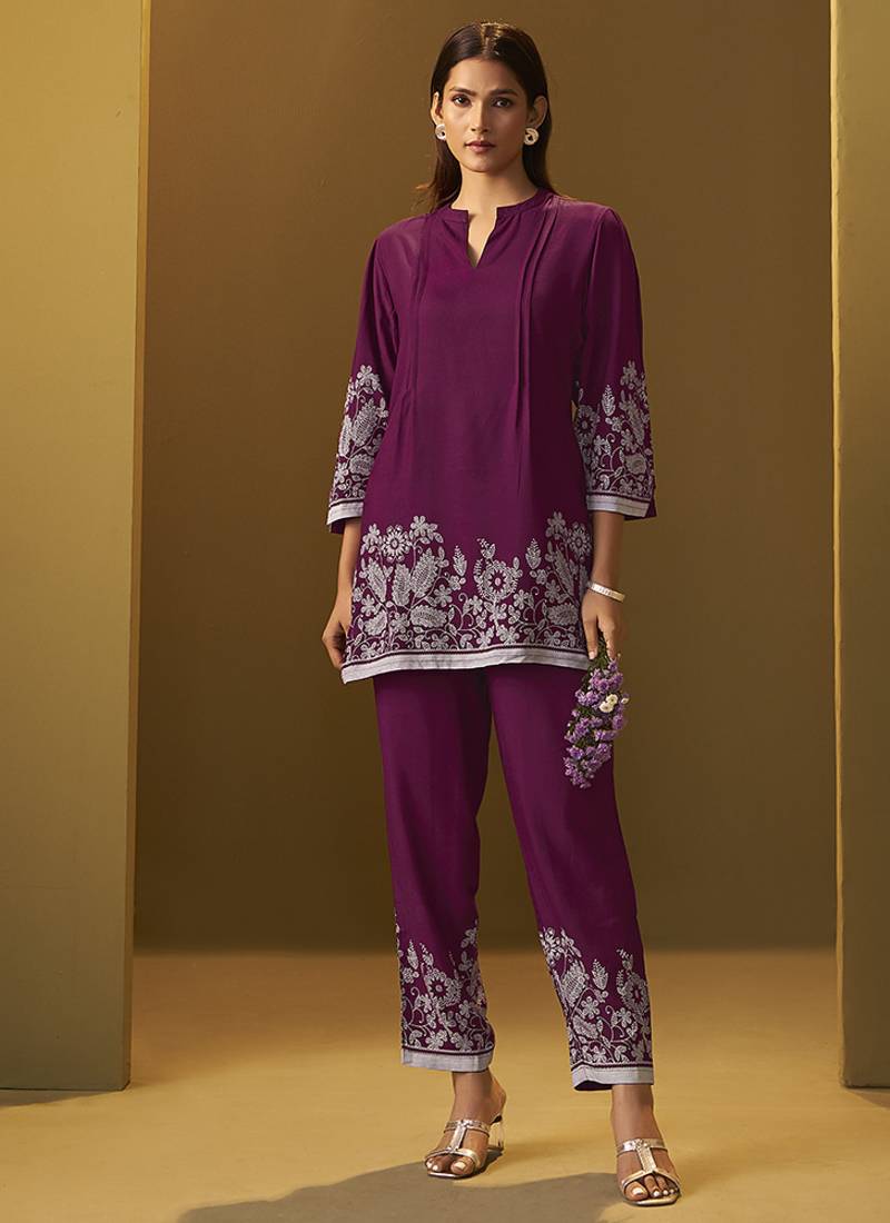 Maroon floral printed rayon co-ord set