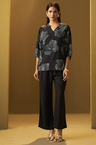 Black printred viscose rayon co-ord set