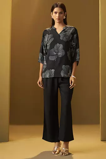 Black printred viscose rayon co-ord set