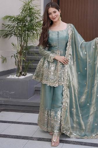 Sea green satin with embroidered mirror work palazzo set