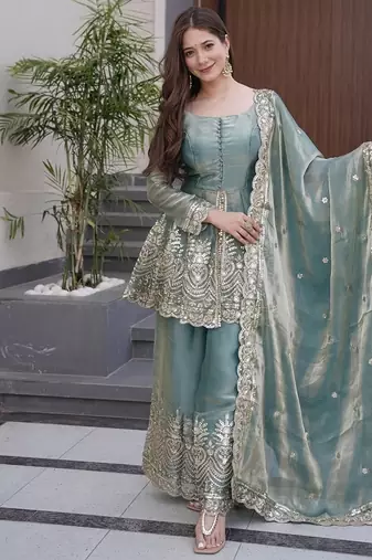 Sea green satin with embroidered mirror work palazzo set