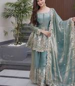 Sea green satin with embroidered mirror work palazzo set