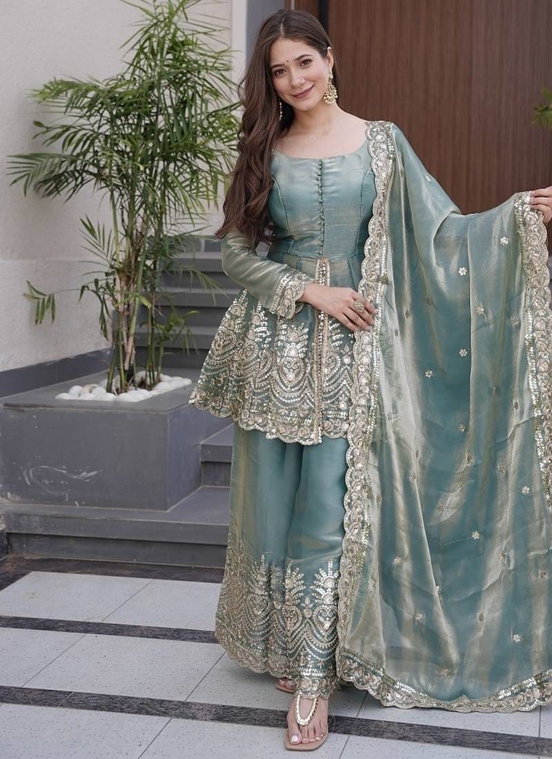 Sea green satin with embroidered mirror work palazzo set