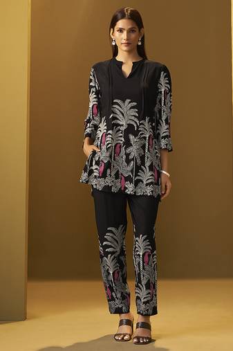 Black floral printed rayon co-ord set