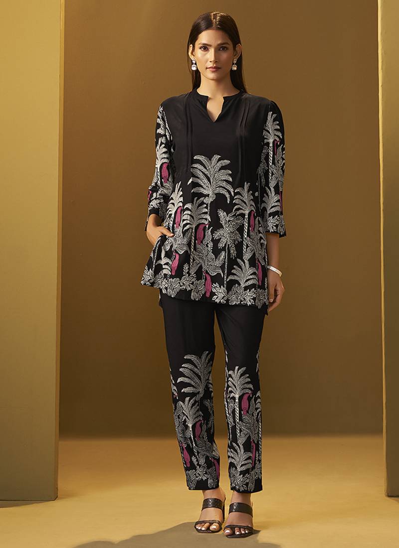 Black floral printed rayon co-ord set