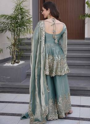 Sea green satin with embroidered mirror work palazzo set 2