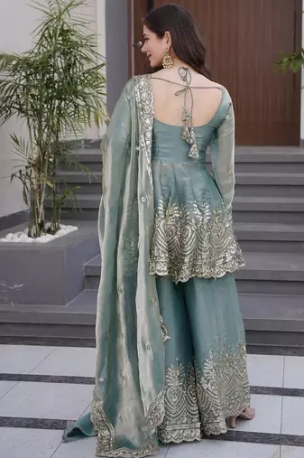Sea green satin with embroidered mirror work palazzo set