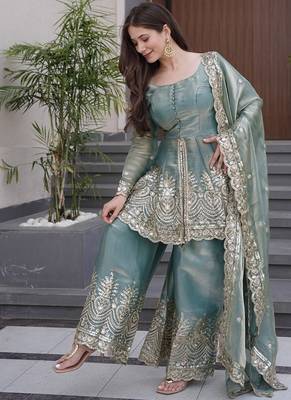 Sea green satin with embroidered mirror work palazzo set 3