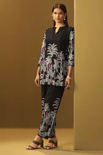 Black floral printed rayon co-ord set